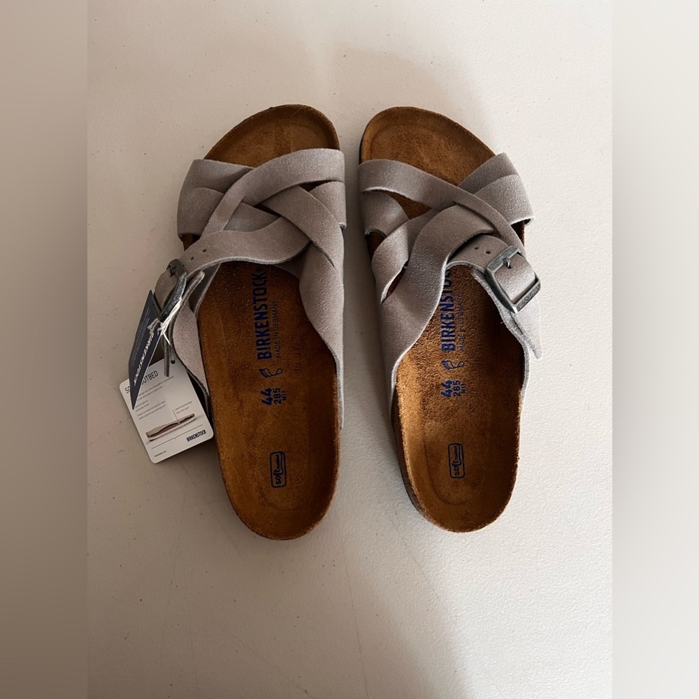 NWT Birkenstock Lugano Soft Footbed Suede Leather Taupe Sandals Men’s Sz 44/11 - Picture 9 of 10